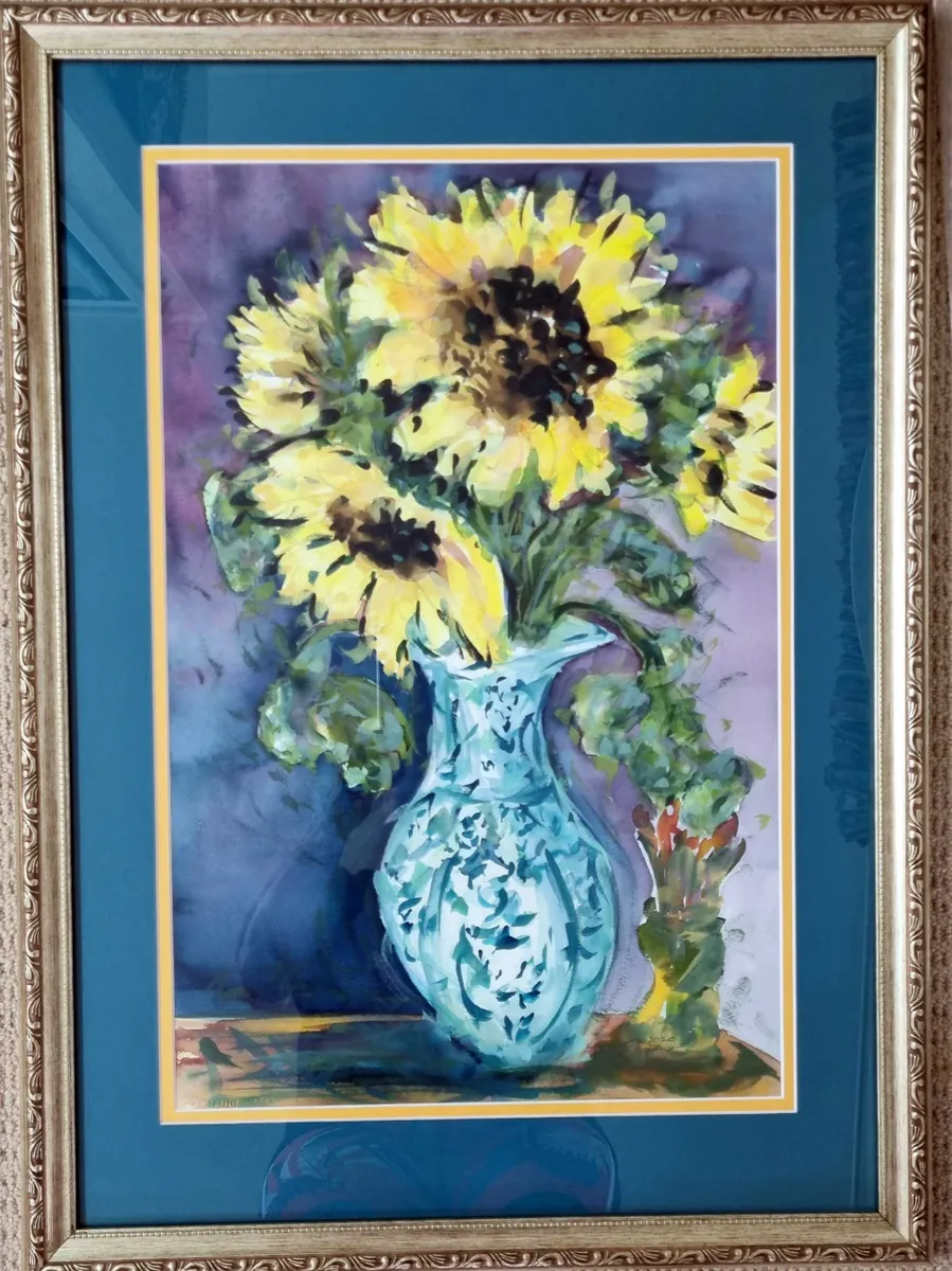 Sunflowers in Blue Vase Framed